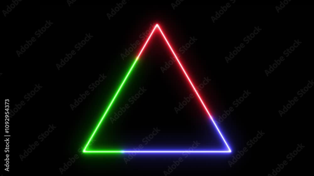 glowing neon triangle icon with red, green and blue line animation on black background. Futuristic Template for Product Presentation. glowing neon triangle icon with red, green and blue line animation on black background. Futuristic Template for Product Presentation.