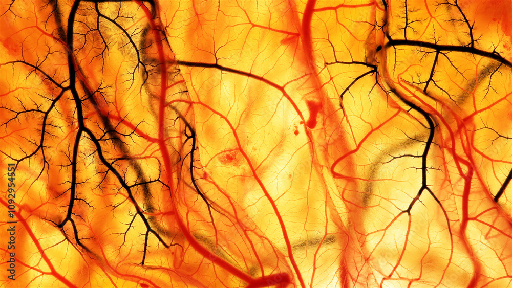 Dark, infected blood in the vessels, indicating a disease. On the example of the circulatory system of a chicken embryo on the seventh day of development Dark, infected blood in the vessels, indicating a disease. On the example of the circulatory system of a chicken embryo on the seventh day of development