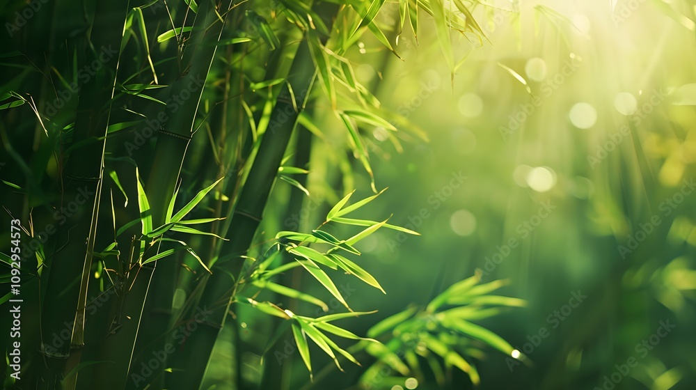 Lush green bamboo forest bathed in sunlight, showcasing vibrant leaves and stalks. Lush green bamboo forest bathed in sunlight, showcasing vibrant leaves and stalks.