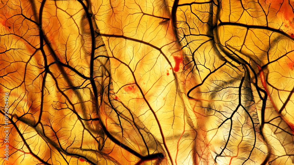 Dark, infected blood in the vessels, indicating a disease. On the example of the circulatory system of a chicken embryo on the seventh day of development Dark, infected blood in the vessels, indicating a disease. On the example of the circulatory system of a chicken embryo on the seventh day of development