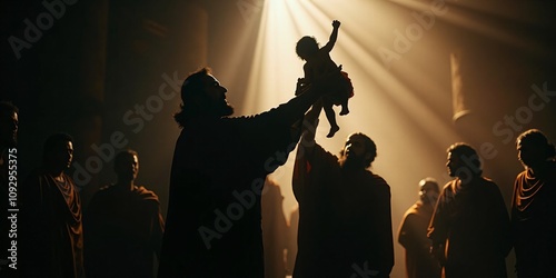 Simeon’s Prophecy About Jesus, Simeon lifting Jesus in the temple, with a divine light illuminating the scene as he prophesies.