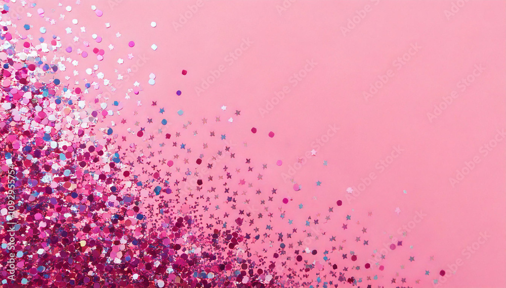 Colorful Confetti and sparkles on pink pastel trendy background. Festive frame, holiday backdrop. Flat lay, copy space.
