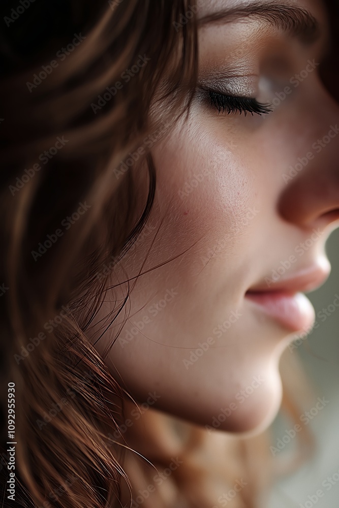 An intimate close-up portrait showcasing the beauty and serenity of a young woman in soft lighting. An intimate close-up portrait showcasing the beauty and serenity of a young woman in soft lighting.