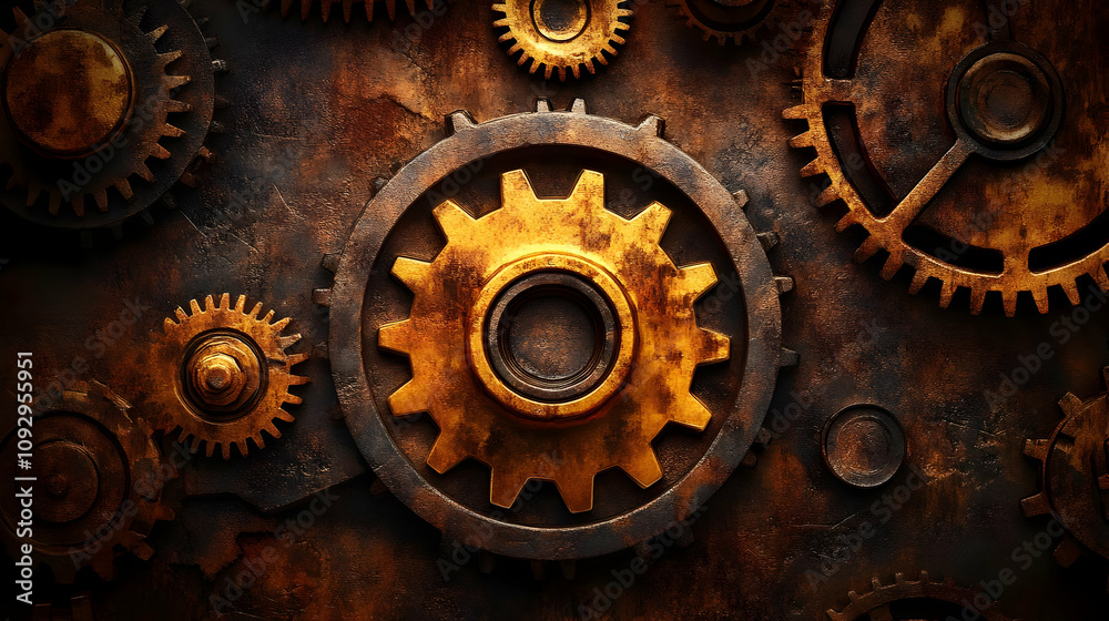 Rusty Gears Interlock: A Steampunk Mechanism's Golden Cogs Rotate Precisely Rusty Gears Interlock: A Steampunk Mechanism's Golden Cogs Rotate Precisely