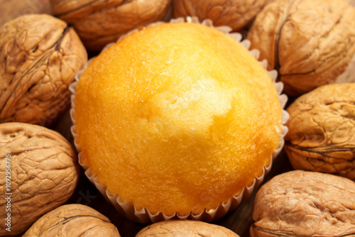 Top view of fresh homemade muffin surrounded by walnuts. Golden texture highlights the nutty and natural appeal, ideal for a healthy snack or quick treat