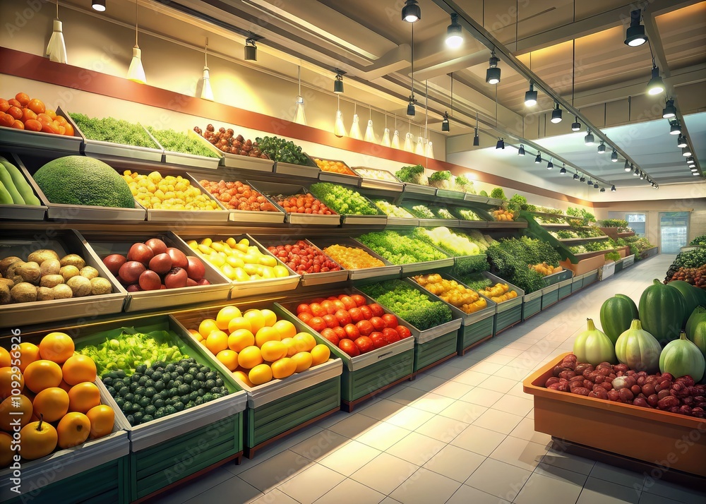 Bright and colorful fruits and vegetables in a supermarket aisle, showcasing organic produce in a minimalist style. Inspiring healthy eating with a fresh market appeal. Bright and colorful fruits and vegetables in a supermarket aisle, showcasing organic produce in a minimalist style. Inspiring healthy eating with a fresh market appeal.