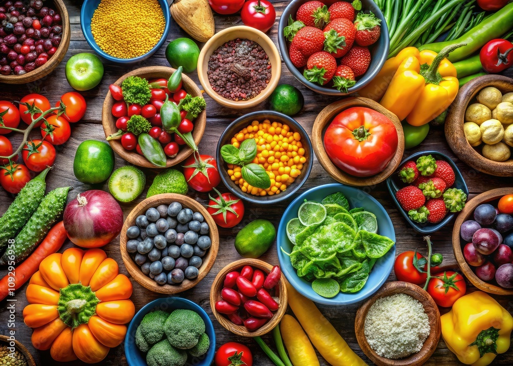 Bright and colorful fruit and vegetable bowls create stunning food photography, inspiring healthy eating and showcasing organic produce from seasonal harvests, uniting nutrition and culinary delights. Bright and colorful fruit and vegetable bowls create stunning food photography, inspiring healthy eating and showcasing organic produce from seasonal harvests, uniting nutrition and culinary delights.