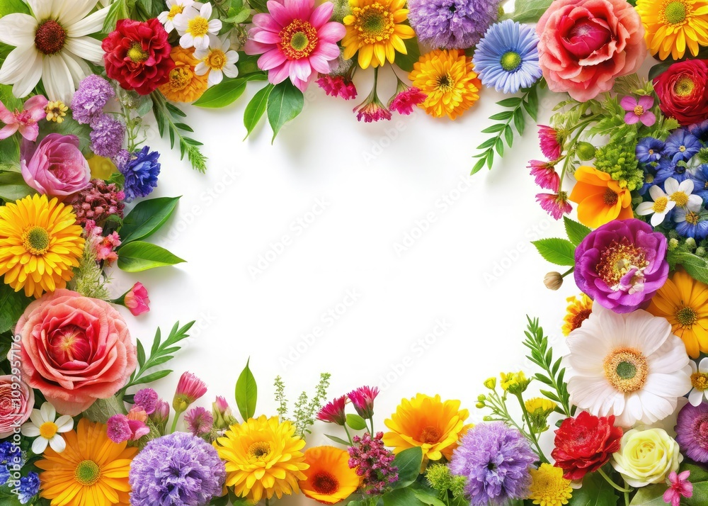 Bright and vibrant floral frame featuring summer and spring flowers on a white backdrop, perfect for advertising banners, seasonal promotions, and colorful marketing campaigns. Bright and vibrant floral frame featuring summer and spring flowers on a white backdrop, perfect for advertising banners, seasonal promotions, and colorful marketing campaigns.