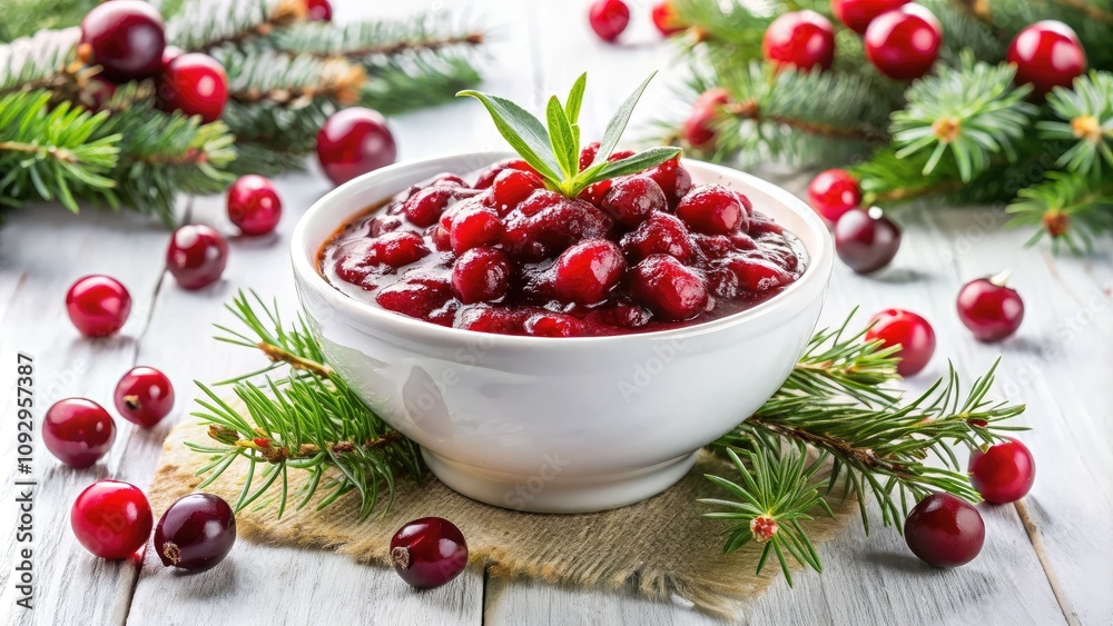 Bright crimson cranberry sauce in a white bowl, garnished with fresh cranberries and sugar, adds a festive touch to holiday celebrations and delicious flavors. Bright crimson cranberry sauce in a white bowl, garnished with fresh cranberries and sugar, adds a festive touch to holiday celebrations and delicious flavors.