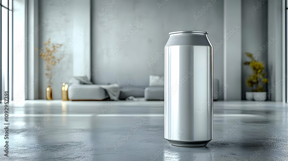 Aluminum Can Design: Modern Home Setting, Sleek Metal Beverage Container on Polished Floor