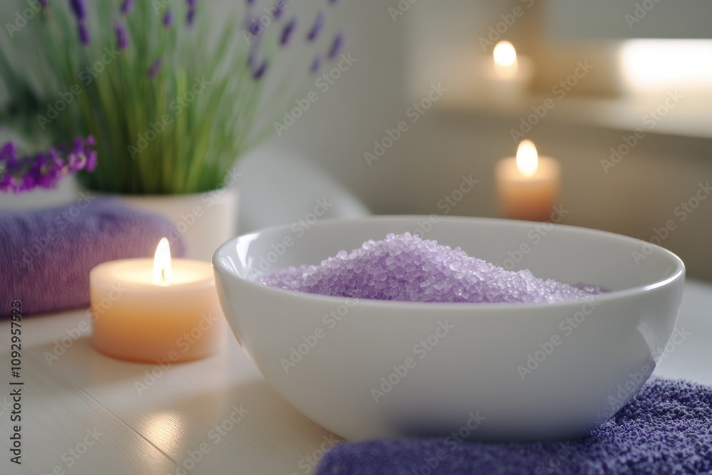Lavender bath salts creating relaxing atmosphere with candles and towels