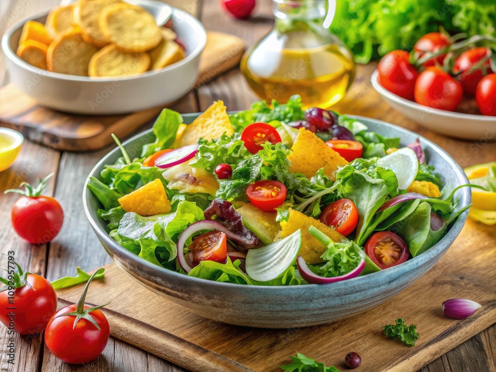 Bright kitchen scene showcasing a vibrant healthy salad alongside crispy chips, illustrating the enticing contrast between nutritious choices and indulgent treats in food photography. Bright kitchen scene showcasing a vibrant healthy salad alongside crispy chips, illustrating the enticing contrast between nutritious choices and indulgent treats in food photography.