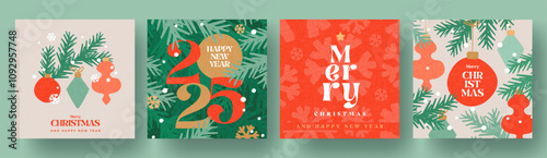 Merry Christmas and Happy New Year 2025 greeting card Set. Modern beautiful Xmas design with typography, Christmas tree branches, balls, snowflake pattern. Minimal art banner, poster, cover templates