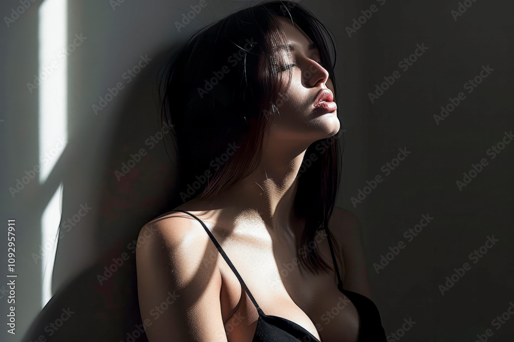 Naklejka premium Sensual woman in dramatic light and shadows, eyes closed, leaning against a wall, wearing a black camisole.