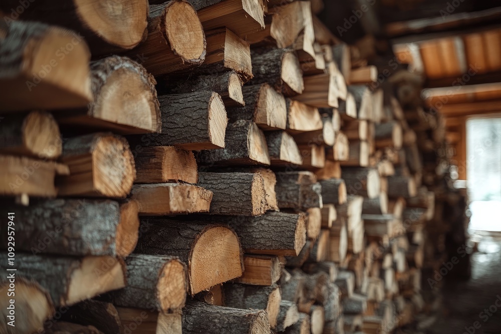 Stack of firewood logs piled up for winter heating in a barn Stack of firewood logs piled up for winter heating in a barn