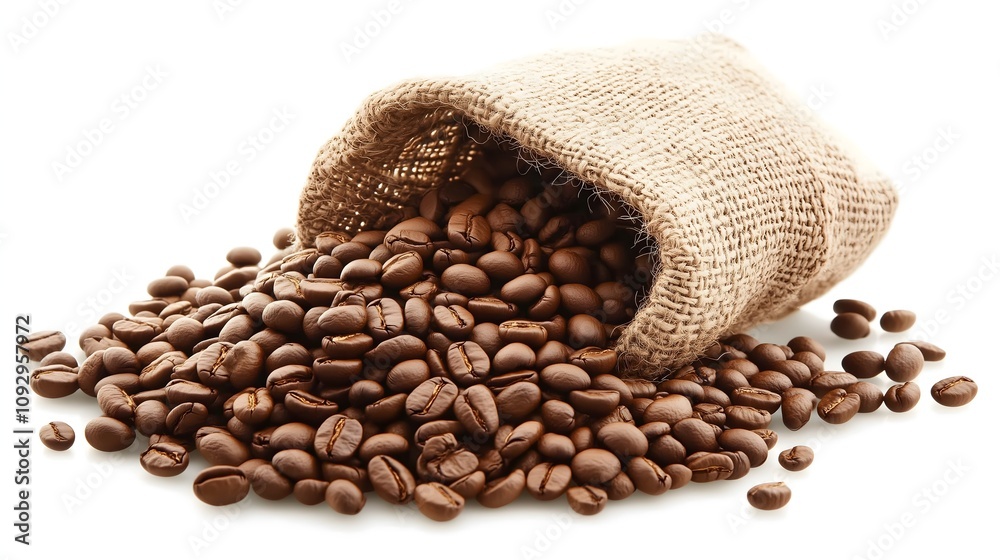 Fototapeta premium Fresh roasted coffee beans spilling from burlap sack onto white background, copy space