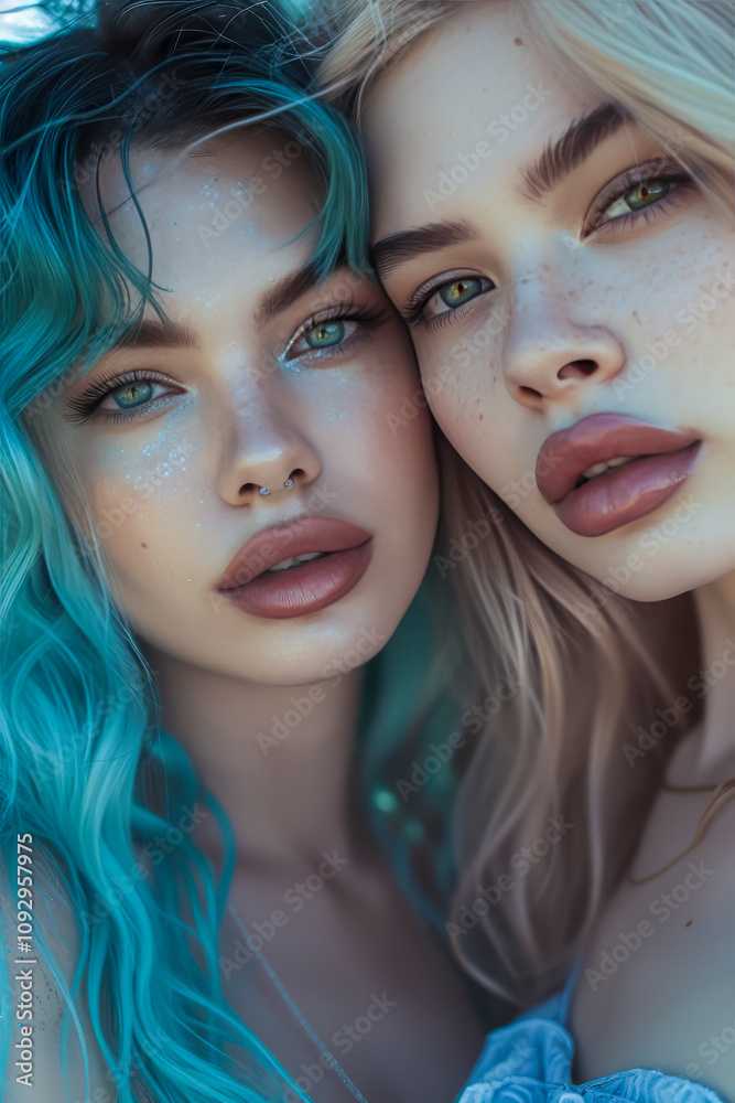 Close-up portrait of two young women with vibrant makeup, turquoise hair, and striking green eyes in soft lighting