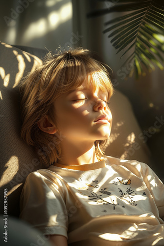 A little girl laying on a couch with her eyes closed photo