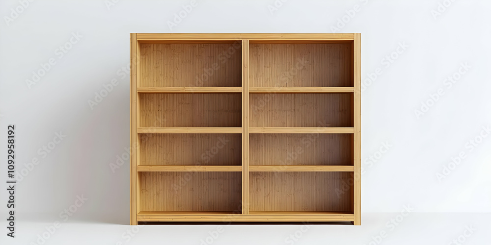 Minimalist bamboo bookcase, frontal view, showcasing its sleek, clean design. Minimalist bamboo bookcase, frontal view, showcasing its sleek, clean design.