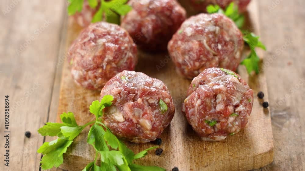 raw meatballs with herbs on wooden board raw meatballs with herbs on wooden board