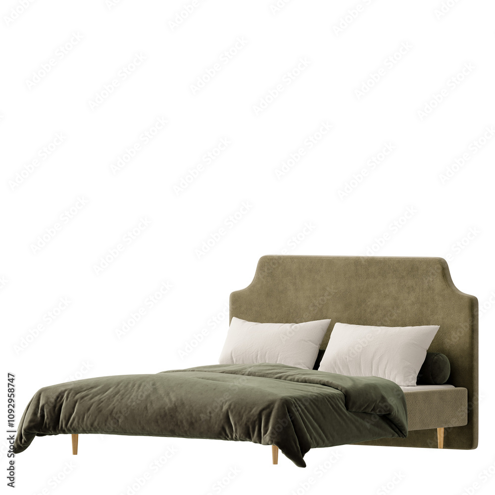 A bed with a green headboard and a green comforter A bed with a green headboard and a green comforter