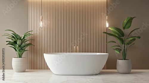 Wallpaper Mural bathtub cleaning sparkle concept, A modern bathroom featuring a freestanding white tub, elegant plants, and a stylish wood-paneled wall, creating a serene and inviting atmosphere. Torontodigital.ca