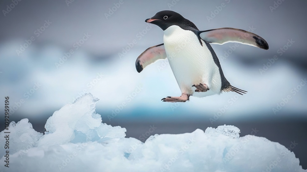 Fototapeta premium A penguin leaps gracefully over icy terrain in a cold, polar environment.