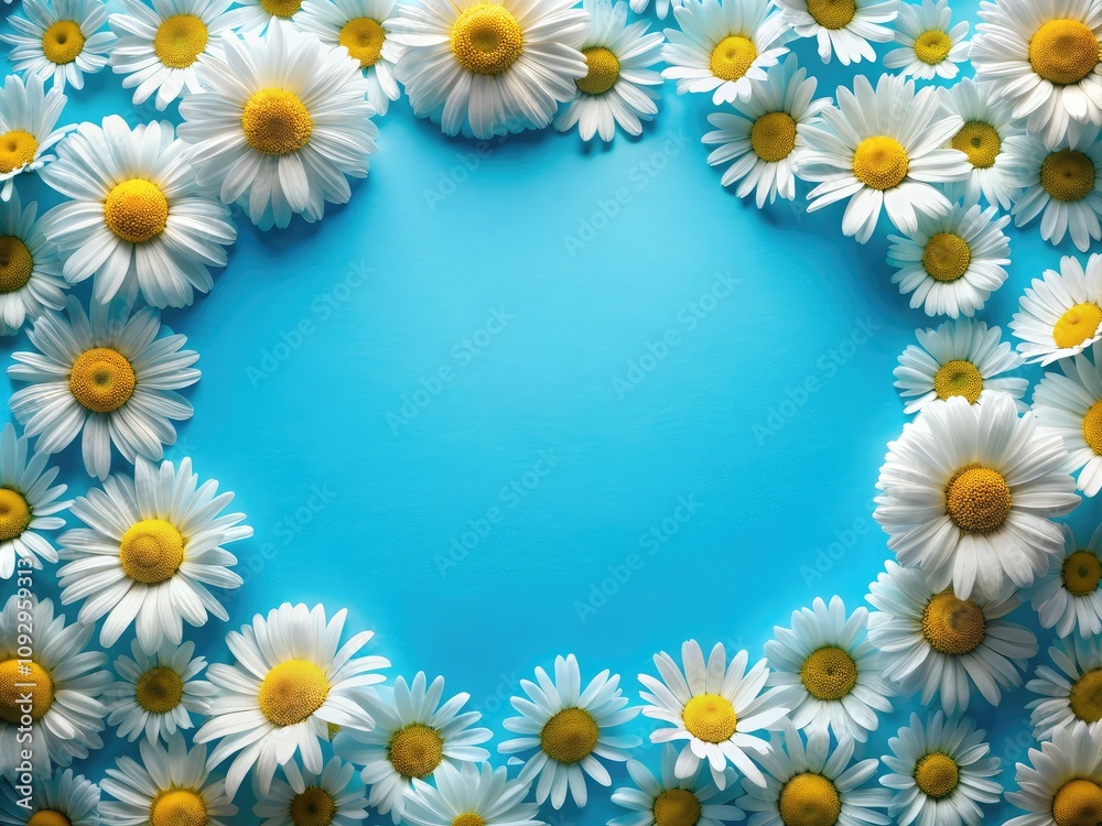 Bright white daisies adorn a lovely blue backdrop, ideal for spring decor, floral designs, invitations, and nature-inspired projects, providing ample space for your creative text. Bright white daisies adorn a lovely blue backdrop, ideal for spring decor, floral designs, invitations, and nature-inspired projects, providing ample space for your creative text.