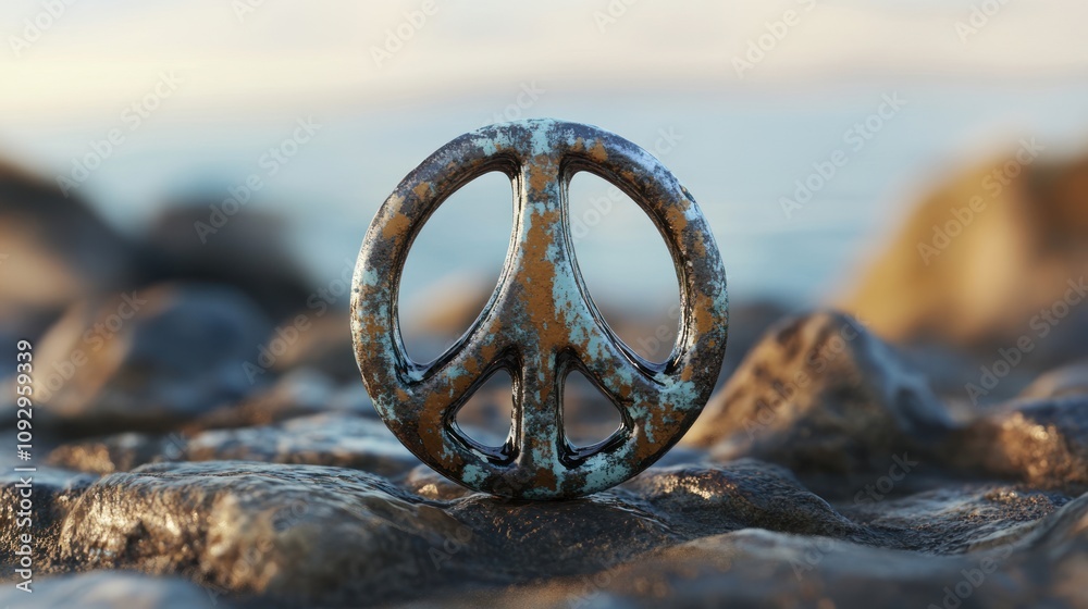 Fototapeta premium Rusted peace symbol on rocky shore at sunrise. Peace and environmental resilience concept.