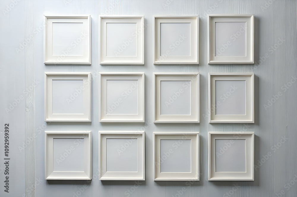A wall of white frames with a blue background A wall of white frames with a blue background