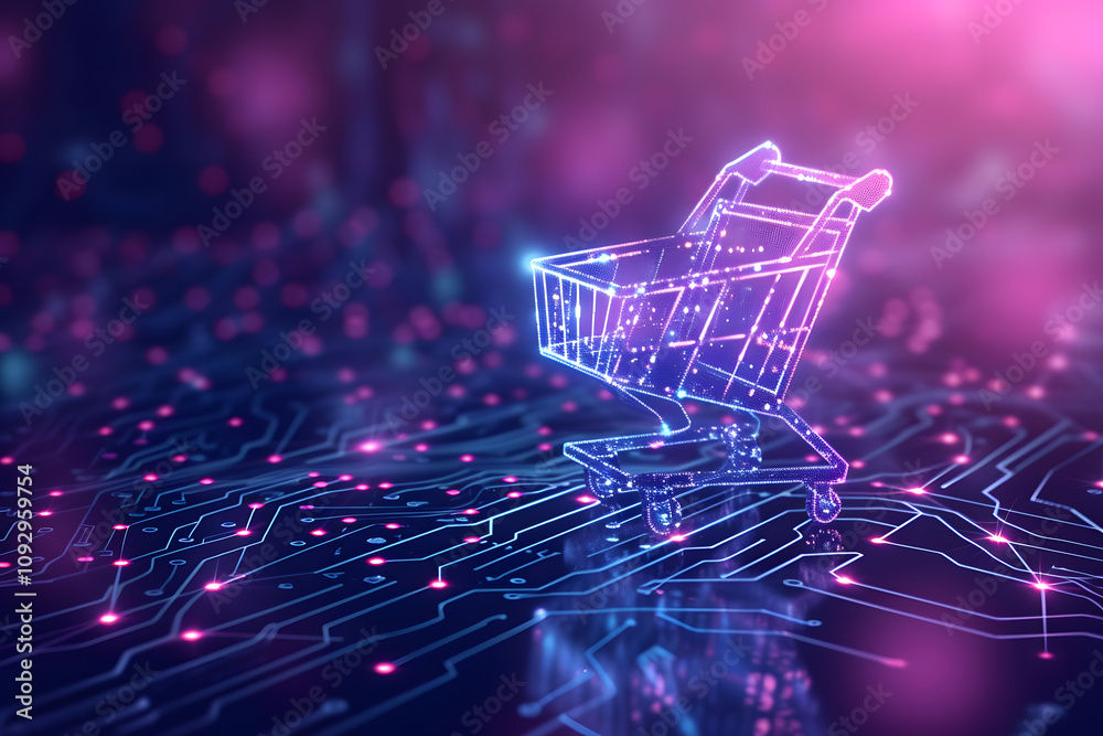 Glowing neon shopping cart icon over a digital grid with purple and blue hues, symbolizing ecommerce, technology, and innovation