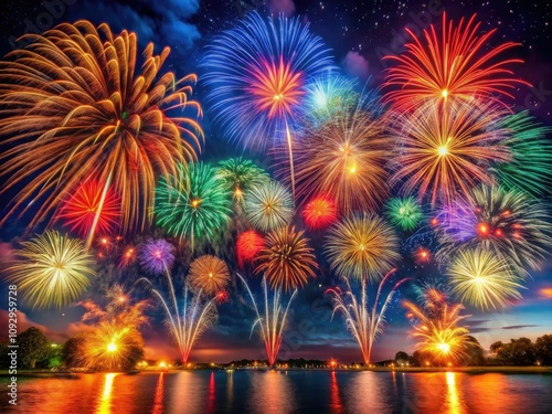 Brilliant fireworks illuminate the night, casting colorful bursts and shimmering trails, creating a mesmerizing spectacle that enhances the joyous atmosphere of the festive celebration.