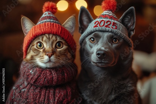 Cute cat and dog in warm hats on Christmas eve, Happy new year 2025.