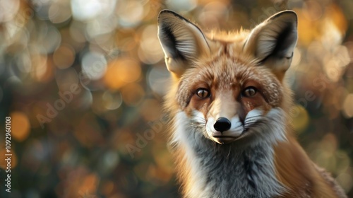 A red fox with large ears and piercing eyes, captured in the soft light of an autumn forest.