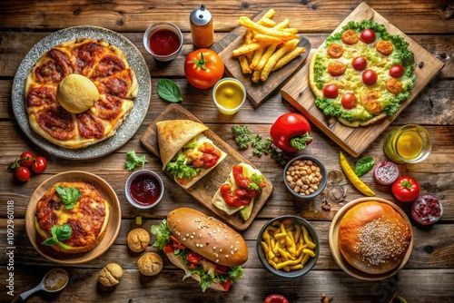 burgers, fries, pizza, and soda on a rustic wooden tableâ€”a delightful treat for food lovers everywhere.