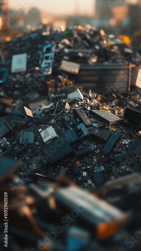 Massive pile of discarded electronics and circuit boards, highlighting e-waste. environmental issues photo