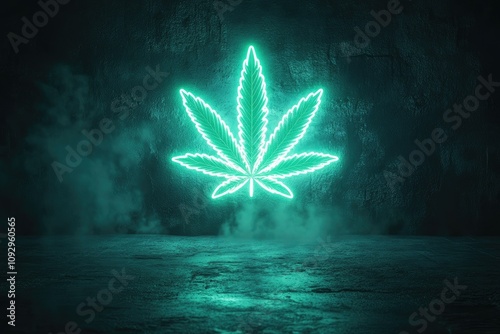 A glowing green cannabis neon sign against a dark urban wall, clean copyspace around the edges