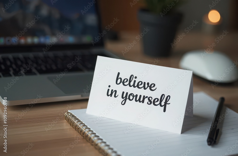 Believe in yourself message on notebook with laptop for business motivation Believe in yourself message on notebook with laptop for business motivation