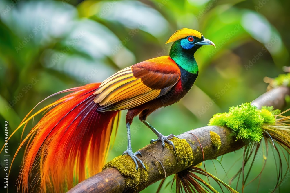 Fototapeta premium Captivating candid shots capture Wilson's Bird-of-Paradise in Indonesia, highlighting its vibrant colors and distinct features, perfect for wildlife enthusiasts and birdwatchers alike.