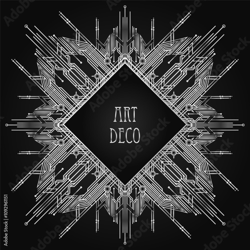 Art Deco vintage silver design element over black. Retro party geometric background set 1920s style. Vector illustration for glamour party, thematic wedding or textile prints.