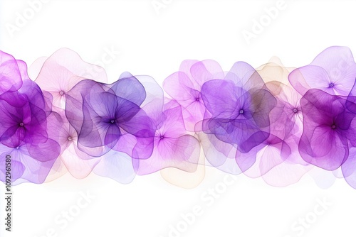 A line of purple flowers with a white background