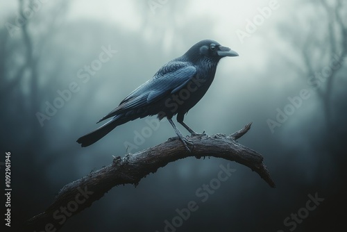 A single crow perched on a dead tree branch at dusk, dark sky with ample copyspace for text