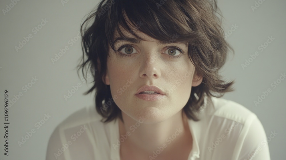 A close-up portrait of a woman with short, tousled hair, expressing curiosity or contemplation. A close-up portrait of a woman with short, tousled hair, expressing curiosity or contemplation.