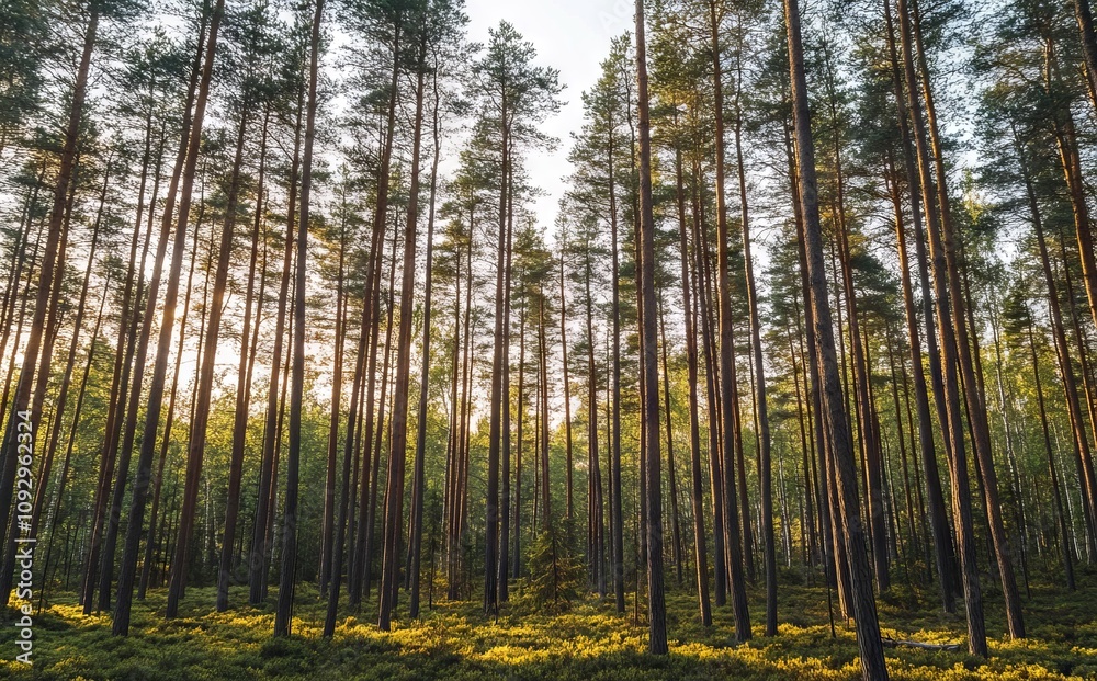 Spring Forest Landscape with Tall Pine Trees at Sunrise, AI generated illustration Spring Forest Landscape with Tall Pine Trees at Sunrise, AI generated illustration
