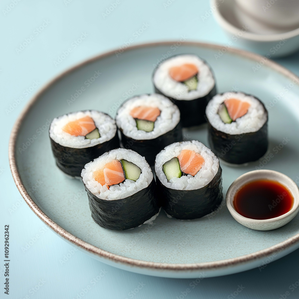 Sushi rolls with salmon and cucumber on plate, served with soy sauce. Enjoy fresh flavors and vibrant presentation of this delicious dish Sushi rolls with salmon and cucumber on plate, served with soy sauce. Enjoy fresh flavors and vibrant presentation of this delicious dish