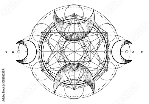 Metatron Cube. Moon pagan Wicca moon goddess symbol. Three-faced Goddess Maiden, Mother, Crone isolated vector illustration. Tattoo, astrology, alchemy, boho and magic symbol. Coloring book..