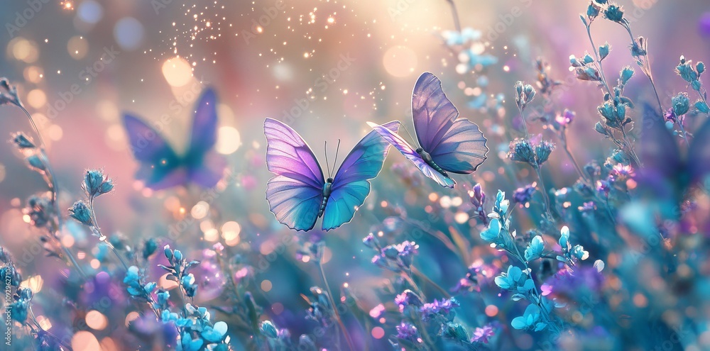 Teal and Purple Butterflies in a Field of Turquoise Flowers, AI generated illustration Teal and Purple Butterflies in a Field of Turquoise Flowers, AI generated illustration