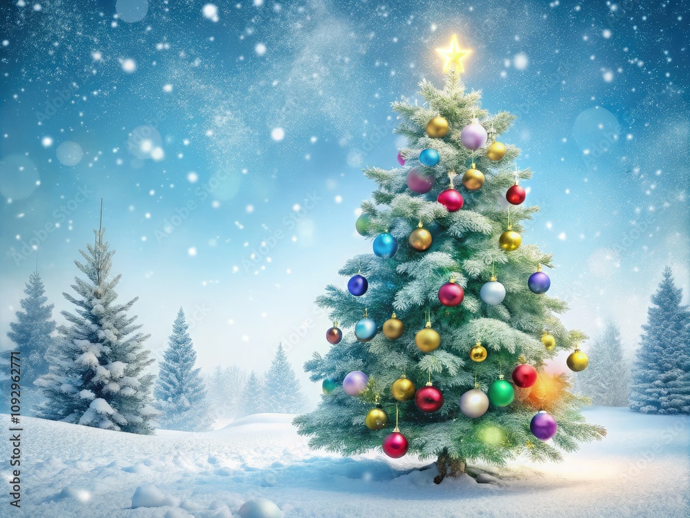 Obraz premium Capture the spirit of Christmas Eve with a snowy landscape embellished with festive ornaments, creating a magical backdrop for your seasonal design mockup ideas and inspirations.