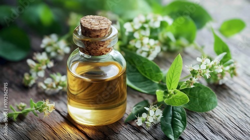 Small glass bottle of essential oil with fresh oregano blooms and leaves on rustic wooden surface, copy space