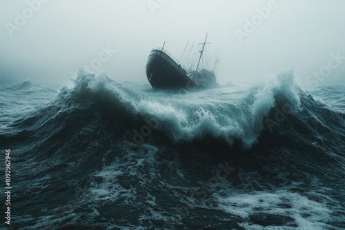 A stormy sea with a sinking ship in the distance, dramatic waves and overcast sky providing copyspace photo